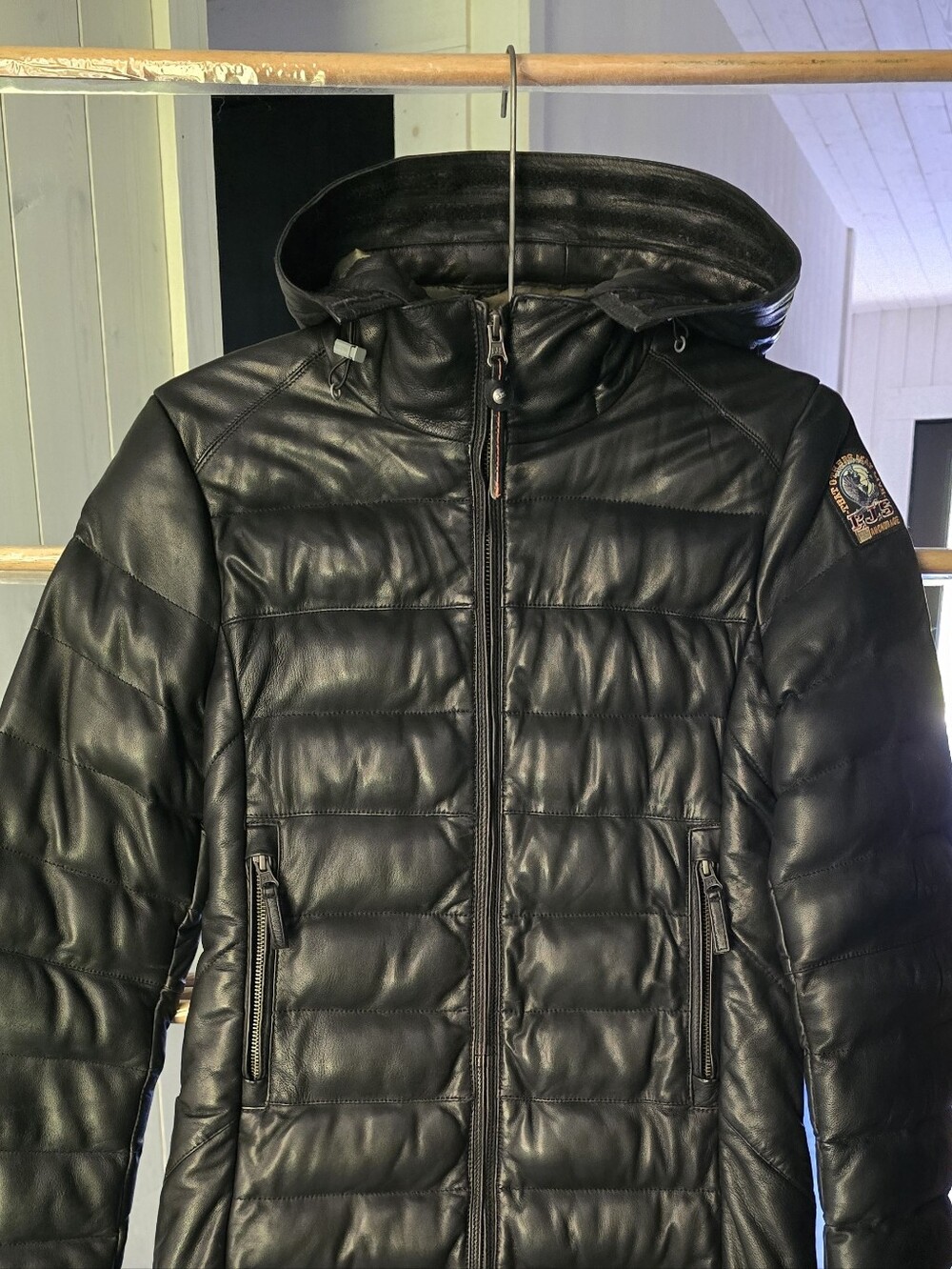 Women's Black Quilted Hooded Leather Down Puffer Jacket